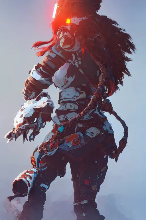 Image similar to combination suit armor aloy horizon forbidden west horizon zero dawn robot ninja mask helmet backpack tribal, aesthetic octane render, 8 k hd resolution, by ilya kuvshinov and cushart krentz and gilleard james radiating a glowing aura cgi rtx 2 0 2 2