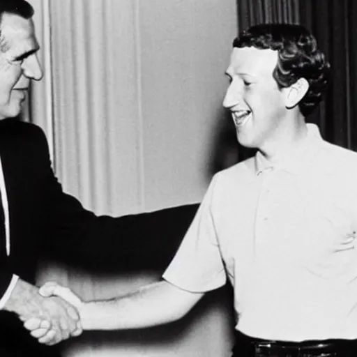 Prompt: photo of richard nixon shaking hands with mark zuckerberg