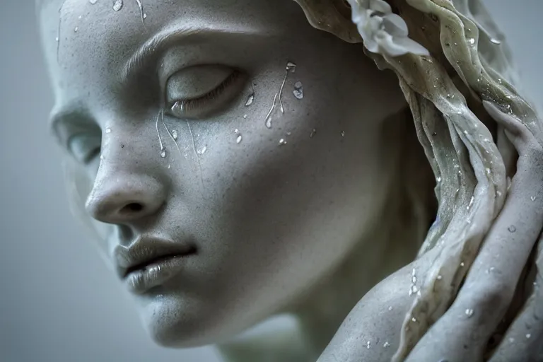 Image similar to the medium shot of sculpture of a beautiful woman with flowing tears, fractal flowers on the skin, intricate, a marble sculpture by nicola samori, behance, neo - expressionism, marble sculpture, made of mist, still frame from the prometheus movie by ridley scott with cinematogrophy of christopher doyle, arri alexa, anamorphic bokeh, 8 k