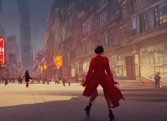 Image similar to inspiring beautiful girl a red propaganda flag walking through crowd in a beautiful futuristic city by Edward Hopper and Dan Mumford, Unreal Engine 5, Lumen, Nanite