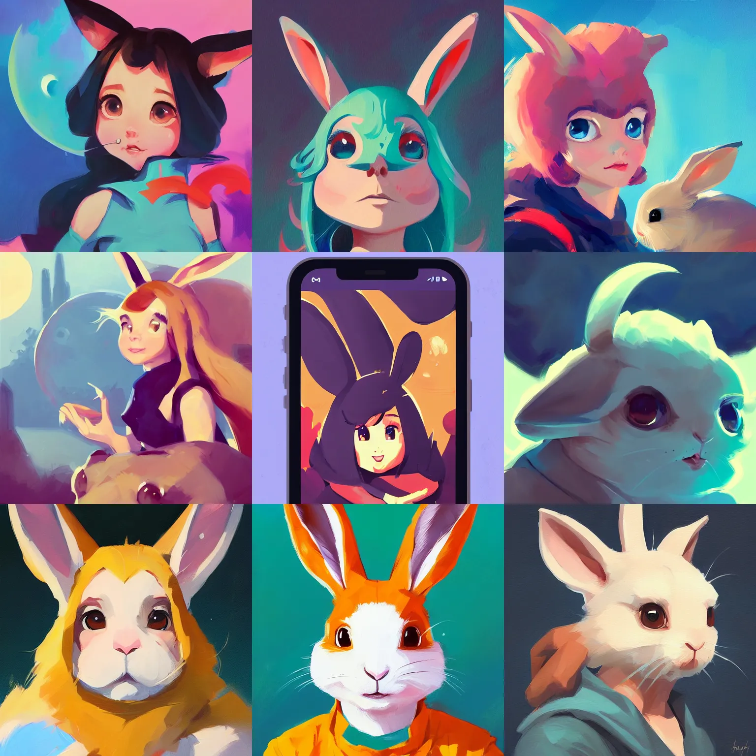 Prompt: cartoony, cute kawaii Greg Manchess portrait painting of a rabbit bunny animal character, head shot, splashscreen, Organic Painting, Matte Painting, bold shapes, hard edges, app icon, moon in background, trending on artstation, by Sachin Teng, artgerm, rossdraws