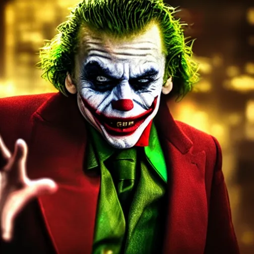 Image similar to stunning awe inspiring donald trump as the joker, movie still 8 k hdr atmospheric lighting