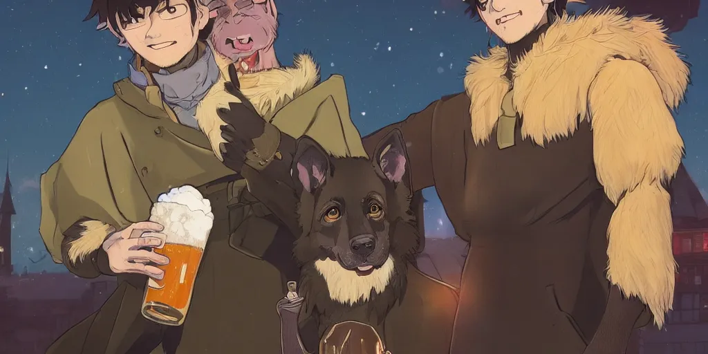 Image similar to a two german shepherds beast - men, holding a mug of beer, a lot of pockets, fur cape, tavern background, magical, bright, colorful, fantastic lighting, amazing details, 4 k uhd, illustration by hayao miyazaki and makoto shinkai and ilya kuvshinov, artstation, pixiv,