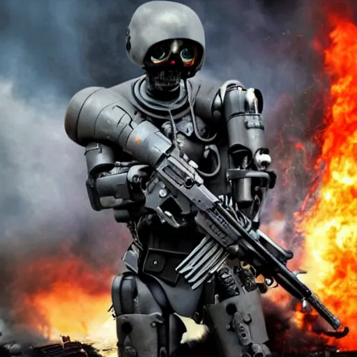 Image similar to Terminator T800 fighting in Ukraine against Russian forces, anime style