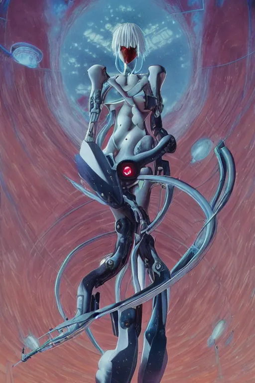 Prompt: Female Anime Character rei ayanami cyborg in the center giygas epcotinside a space station eye of providence Beksinski Finnian vivid HR Giger to eye hellscape mind character Environmental