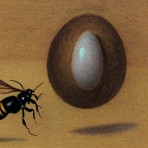 Prompt: a beautiful oil painting of a wasp and an egg by Alfred Kubin