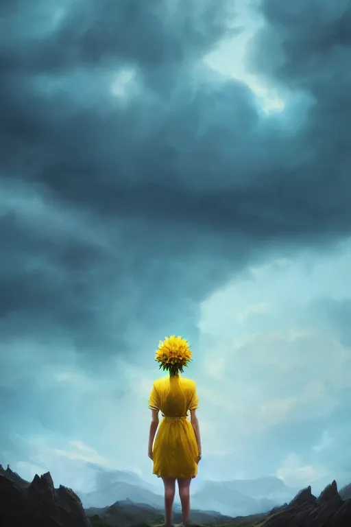 Image similar to closeup girl with giant yellow dahlia flower as head, standing on mountain, surreal photography, blue storm clouds, dramatic light, impressionist painting, digital painting, artstation, simon stalenhag