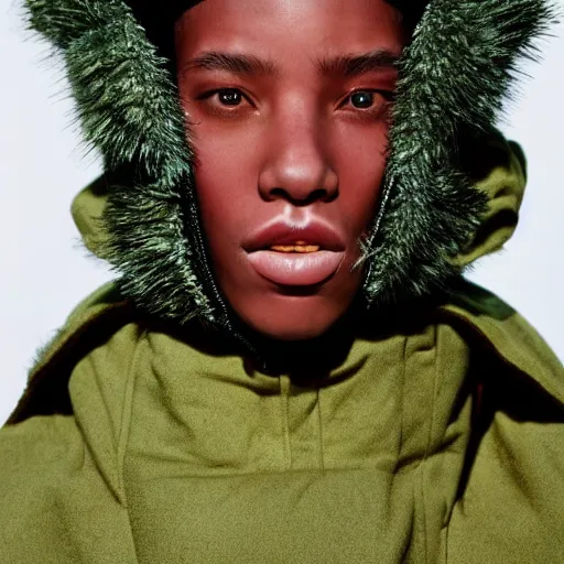 Image similar to realistic photoshooting for a new issey miyake lookbook, color film photography, portrait of a beautiful woman, model is wearing a puffer mask, in style of tyler mitchell, 3 5 mm,