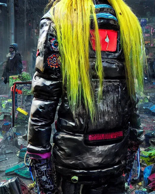 Image similar to detailed portrait Neon guard boy with long straight blonde hair seen from the back, cyberpunk futuristic, reflective puffer jacket, black leggings, decorated with traditional ornaments in front of a dystopian crowd with piles of garbage by Ismail inceoglu dragan bibin hans thoma, Perfect face, fine details, realistic shaded, fine-face, pretty face