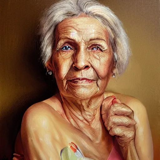 Image similar to medical heating eye bag, old woman, in the glamour style, oil painting, high definition, airbrush,