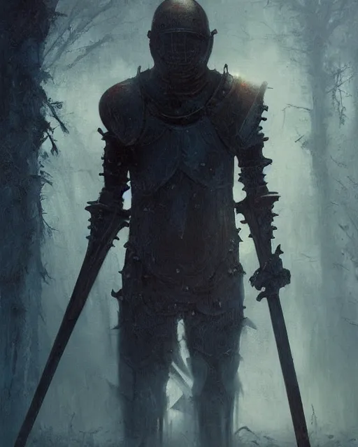 Image similar to Hyper realistic oil painting of an undead knight, knight in the foreground, fog, volumetric lighting, nighttime, moonlight, creepy, by greg rutkowski