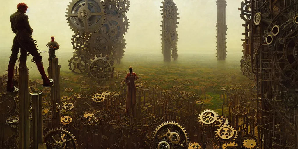 Image similar to giant interlocked gears cogs no people clockwork, giant mechanisms, industry, villages castles, buildings vista artstation illustration sharp focus sunlit vista painted by ruan jia raymond swanland lawrence alma tadema zdzislaw beksinski norman rockwell tom lovell alex malveda greg staples