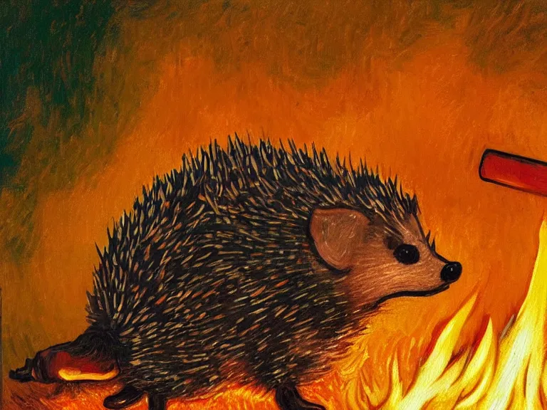 Prompt: a detailed painting of a hedgehog toasting marshmallows on a campfire by van gogh. Oil painting. Trending on artstation. 8k