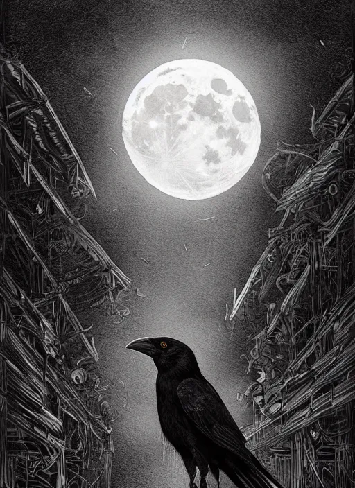 Image similar to portrait, A crow in front of the full big moon, book cover, red white and black colors, establishing shot, extremly high detail, foto realistic, cinematic lighting, pen and ink, intricate line drawings, by Yoshitaka Amano, Ruan Jia, Kentaro Miura, Artgerm, post processed, concept art, artstation, matte painting, style by eddie mendoza, raphael lacoste, alex ross