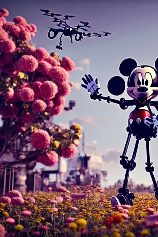 Image similar to a skeletal, mickey mouse made out of flowers and bones, walking with a robot, in the cyberpunk countryside, drones flying by beeple, nychos and arcimboldo, cinematic lighting, highly detailed octane render