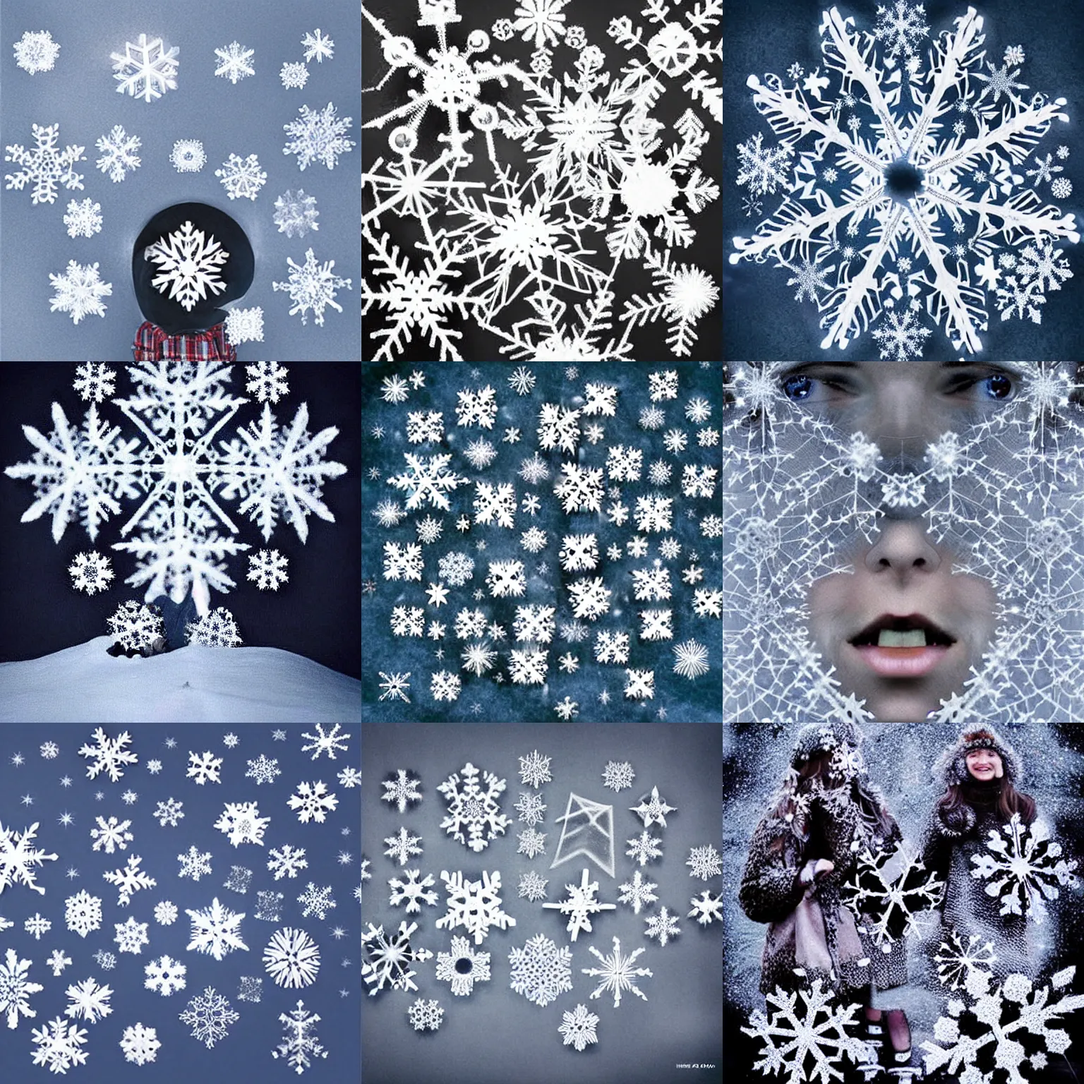 Prompt: surreal photography snowflakes with tiny faces. surreal photography
