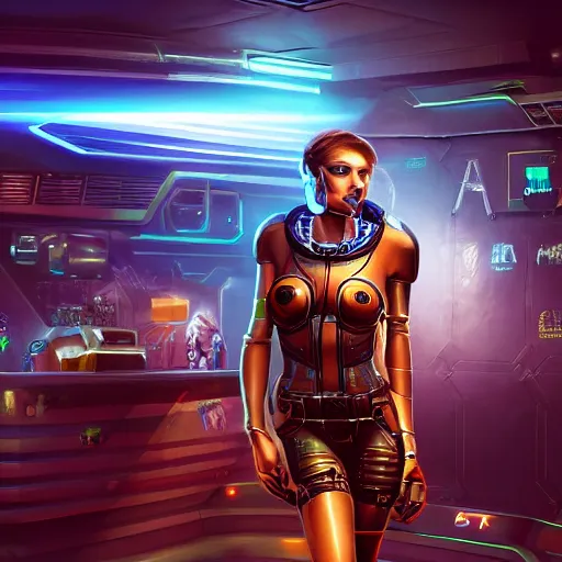 Image similar to high quality portrait of Nova from starcraft in a cyberpunk cyberpunk cyberpunk cafe, realism, 8k, award winning photo