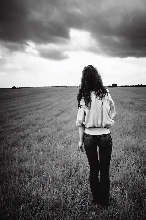 Image similar to kodak ultramax 4 0 0 photograph of a girl with long hair standing in a field, stormy clouds, wicked clouds, big clouds, back view, grain, faded effect, vintage aesthetic,
