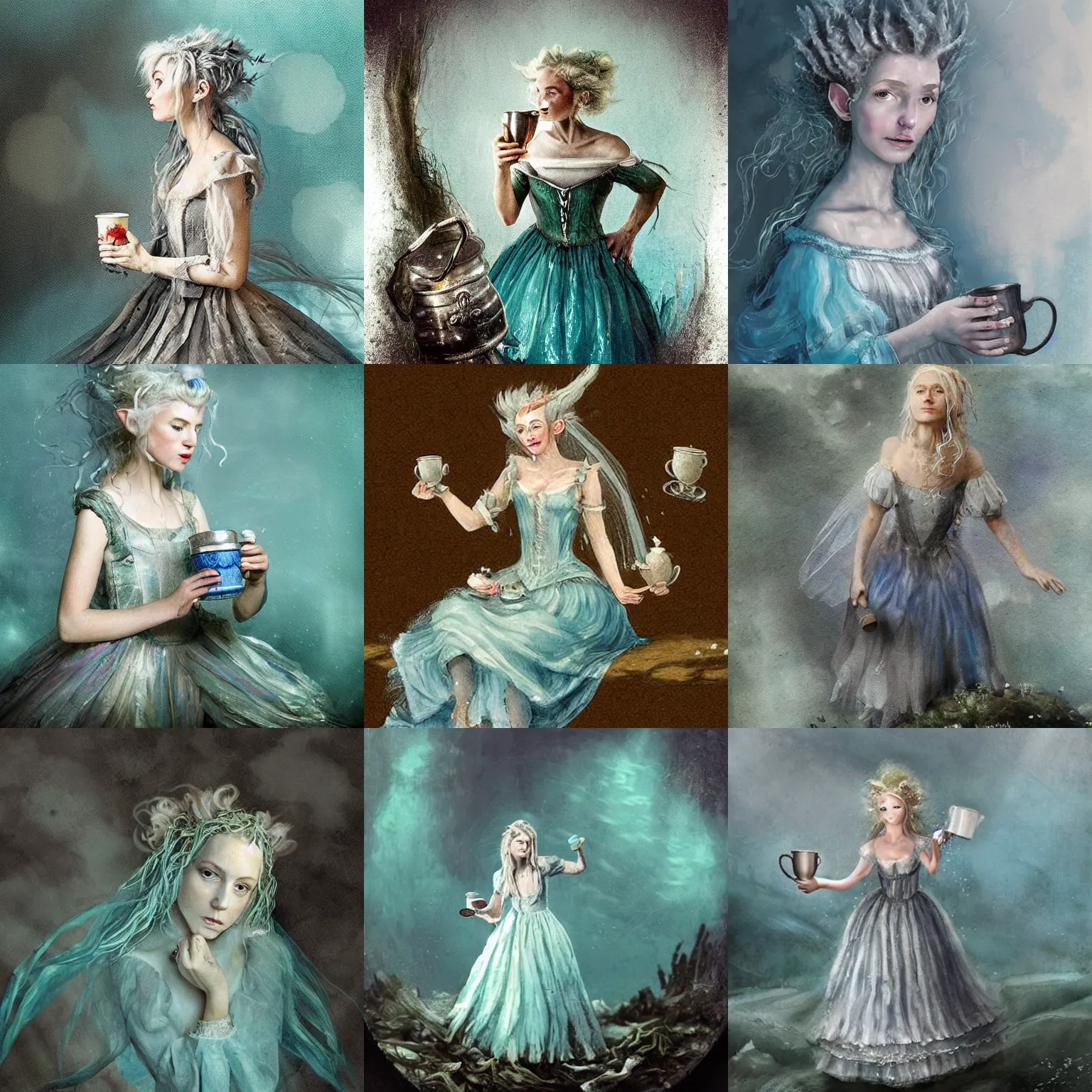 Prompt: A 18th century, messy, silver haired, (((mad))) elf princess, dressed in a ((ragged)), wedding dress, is ((drinking a cup of tea)). Everything is underwater and floating. Greenish blue tones, theatrical!, (((underwater lights))), fantasyconcept art, inspired by John Singer Sargent's Lady Macbeth