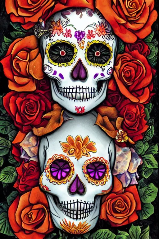 Prompt: Illustration of a sugar skull day of the dead girl, art by ralph horsley