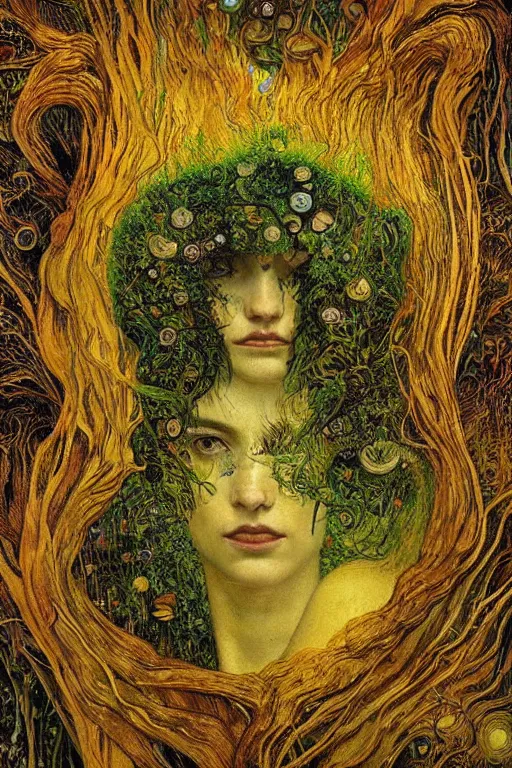 Image similar to Nature by Karol Bak, Jean Deville, Gustav Klimt, and Vincent Van Gogh, organic, fungi, moss, visionary, hair made of trees, botanicals, otherworldly, fractal structures, ornate gilded medieval icon, third eye, spirals