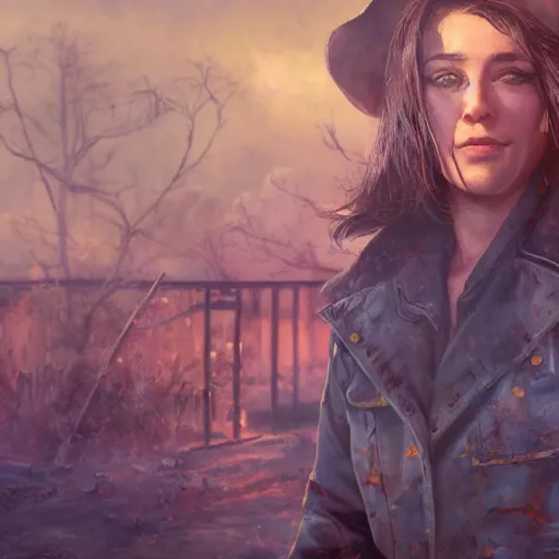 Image similar to fallout 5, charismatic beautiful, rugged, brunette female protagonist wearing a cowboy - hat, portrait, outdoors ruined cityscape, atmospheric lighting, painted, intricate, volumetric lighting, beautiful, daytime, harsh winter weather, sharp focus, deep colours, ultra detailed, by leesha hannigan, ross tran, thierry doizon, kai carpenter, ignacio fernandez rios