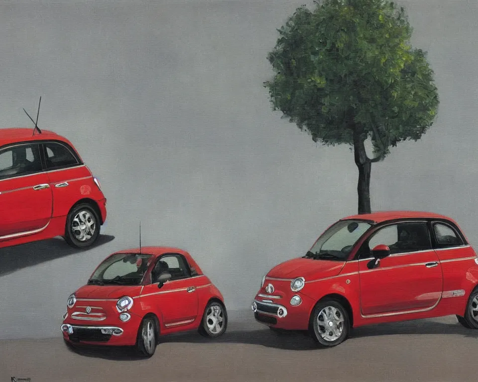 Prompt: a flat, vibrant, oil painting of the side view of a grey 2013 fiat 500c abarth by Rene Magritte.