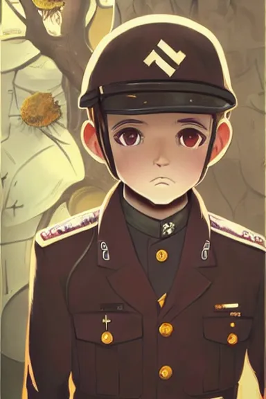 Prompt: beautiful little boy in nazi male uniform. made in abyss art style, sharps focus, cute detailed artwork, anatomically correct, ilya kuvshinov, reflection, perfect composition, wallpaper mobile, digital art, detailed anime soft face, symmetrical face, western comic, illustration, realistic, nazism, smooth, lois van baarle, gold ration, soft details