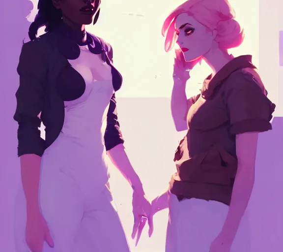 Image similar to portrait violet and caitlyn, arcane, by atey ghailan, by greg rutkowski, by greg tocchini, by james gilleard, by joe fenton, by kaethe butcher, dynamic lighting, gradient light blue, brown, blonde cream and white color scheme, grunge aesthetic