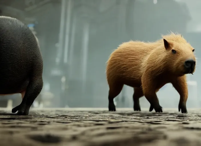 Image similar to venom fused with a capybara, ultra realistic 4 k unreal engine very cinematic render with ray tracing bloom ambient occlusion strong reflections depth of field fog