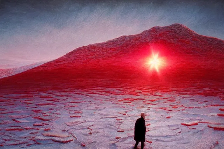 Image similar to surreal frozen landscape, winter sun, light beams, painting by beeple and zdzisław beksinski, sharp focus, red color scheme, a matte painting by li shida, cgsociety, context art, redshift, matte painting, reimagined by industrial light and magic