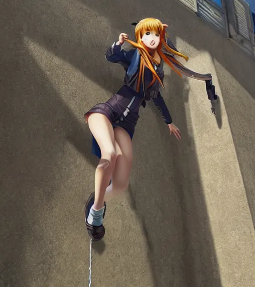 Image similar to anime waifu girl climbing a wall highly detailed, trending on Artstation, Unreal Engine 4k, cinematic wallpaper by Stanley Artgerm Lau, WLOP, Rossdraws, James Jean, Andrei Riabovitchev, Marc Simonetti, and Sakimichan