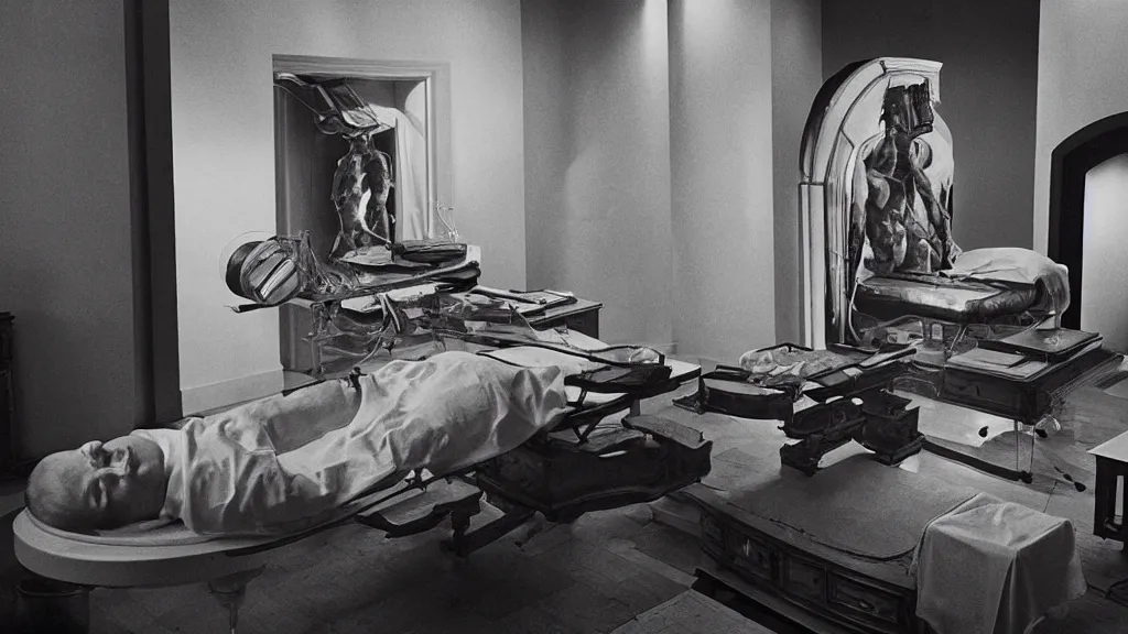 Image similar to an mri section of james cavell in the living room, film still from the movie directed by denis villeneuve with art direction by salvador dali, wide lens