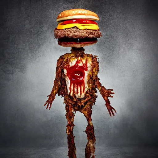 Image similar to a humanoid bipedal upright zombie that strongly resembles a hamburger, professional food photography