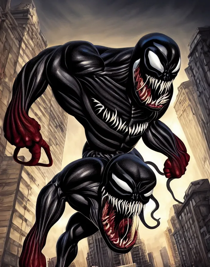 Image similar to fantastic comic cover of venom, lethal protector, muscles, muscular, veins, open mouth, angry, saliva, bigh sharp teeths, savage, in a city at night, on top of buildings, large thong, artstation, 3 d hammer modeling, hd, sharp high quality artwork in style of francesco di mattina, marko djurdjeviv