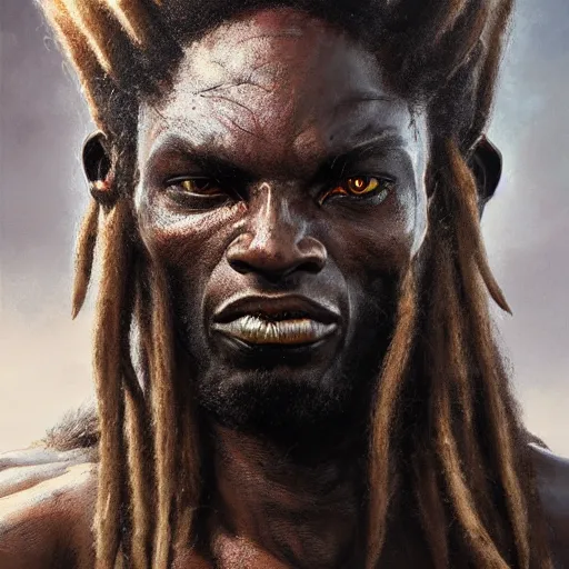 Prompt: A frontal head portrait of The Predator with dreadlocks, by dreadjim, Greg Rutkowski, james gurney, epic scifi character art, Exquisite detail, post-processing, low angle view, masterpiece, cinematic