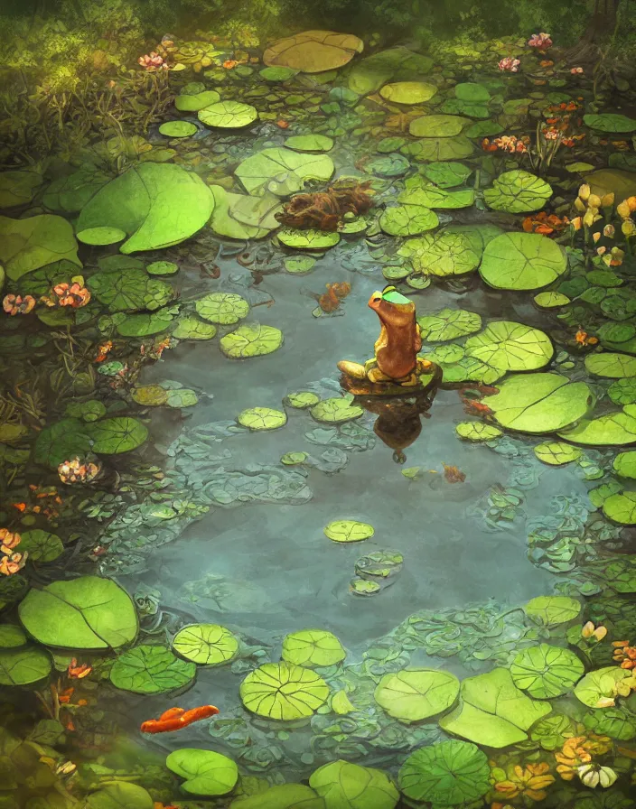 Image similar to frog on a lilypad in a koi fish pond in the forest, environment concept art, daytime ethereal anime, high detail Impressionist style, dreamy light color palette, style of studio ghibli and moebius, concept art stunning atmosphere, trending on artstation, volumetric light