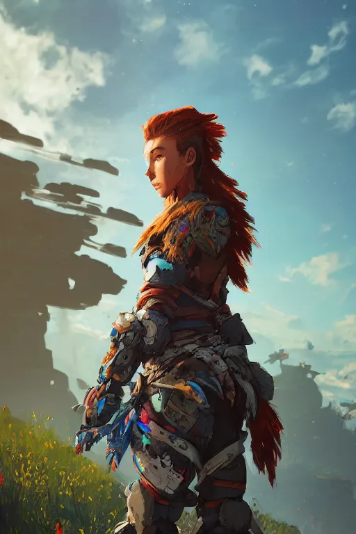 Image similar to combination suit armor aloy horizon forbidden west horizon zero dawn radiating a glowing aura global illumination ray tracing hdr fanart arstation by ian pesty and alena aenami artworks in 4 k tribal robot ninja mask helmet backpack