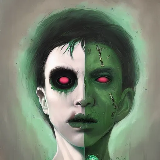 Image similar to sad man, half of face is gone, green and black, despair, paint escaping mind, by Anato Finnstark, Tom Bagshaw, Brom