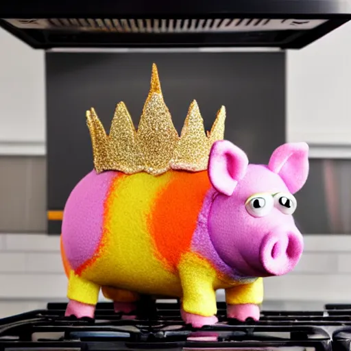 Image similar to rainbow pig wearing a gold crown as a Muppet cooking on stove 8k