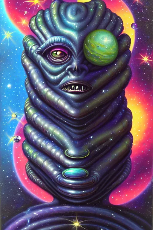 Image similar to space creature by jack vance, mike mignogna, lisa frank, highly detailed, vintage dark sci fi, oil painting