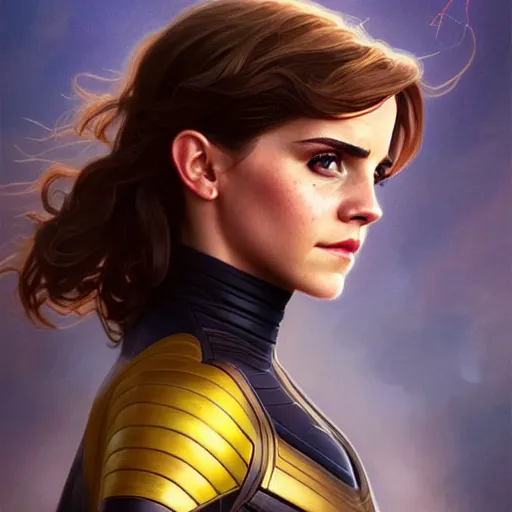 Prompt: beautiful Emma Watson as The Wasp from Marvel, western, closeup, D&D, fantasy, intricate, elegant, highly detailed, digital painting, artstation, concept art, matte, sharp focus, illustration, art by Artgerm and Greg Rutkowski and Alphonse Mucha