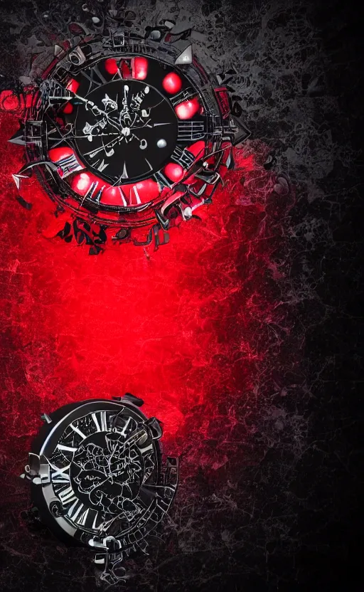 Image similar to a melting Roman numeral clock, behind a red and black gradient background, awith a black heart shaped on the top left corner and a black diamond card shape in the bottom right corner, dynamic lighting, photorealistic fantasy concept art, trending on art station, stunning visuals, cinematic, creative, ultra detailed