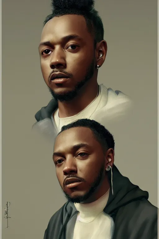 Image similar to Kendrick Lamar, oil on canvas, artstation, by Basquiat, J. C. Leyendecker and Edmund Blair Leighton and Charlie Bowater, octane render