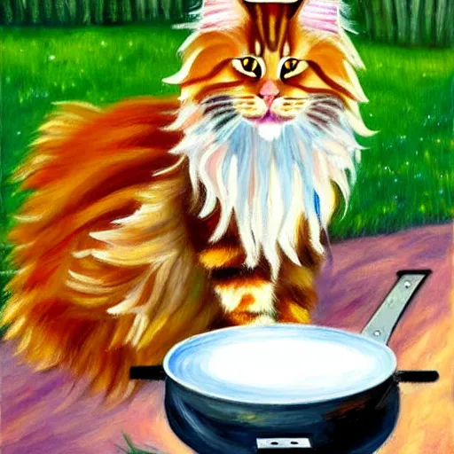 Image similar to beautiful impressionist painting of an ginger maine coon with a white beard cooking a bbq outside