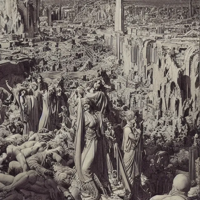 Image similar to artwork by Franklin Booth showing the fall of the city of Babylon