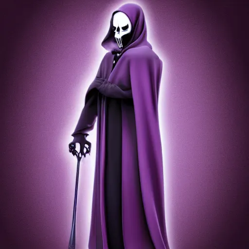 Image similar to grim reaper, purple cloak, full body