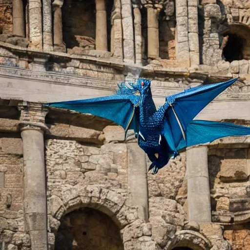 Prompt: professional photo of a blue dragon with a white belly and orange eyes flying over some ancient ruins