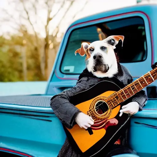 Prompt: A folkpunk hound dog playing the guitar in front of a pickup truck