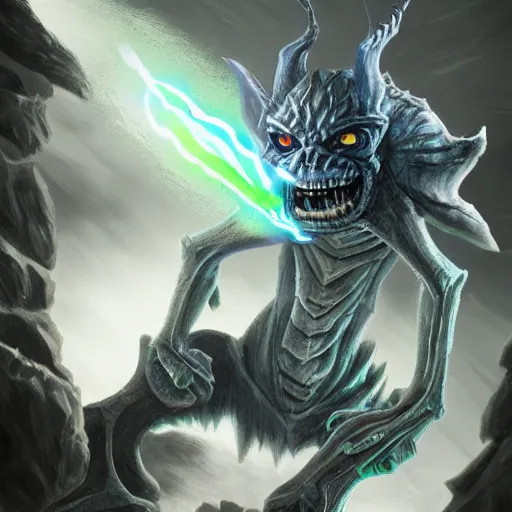 Image similar to a highly detailed goblin with grey skin and blue eyes that glow, like magic the gathering, goblin chainwalker, with wind wiping around it, digital art, by christopher rush